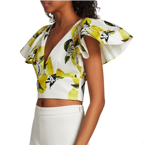 Amur cropped ruffle sleeve lemon print crop top white yellow v neck - Picture 5 of 13